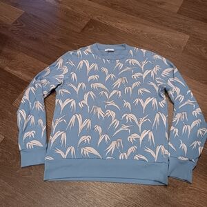 Sandro Blue Crewneck Sweater with Pale Pink Leaf Print Sz 1 Or S Unisex